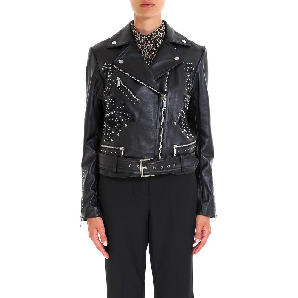 Like New MICHAEL Michael Kors Studdded Belt Biker Jacket 100% Real Lamb Leather